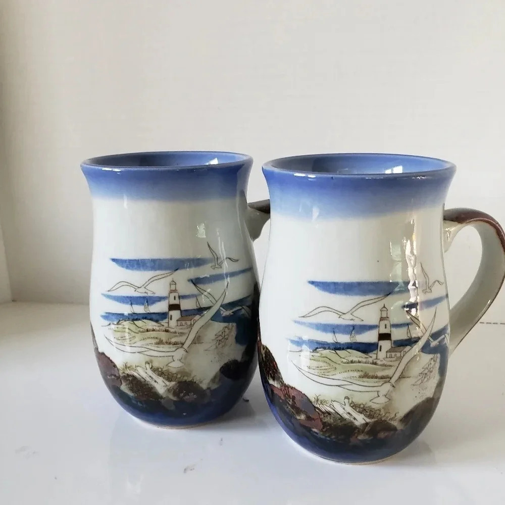 Vintage Otigiri set of  2 Stoneware Nautical Scene Blue/White/Brown Coffee Mugs.